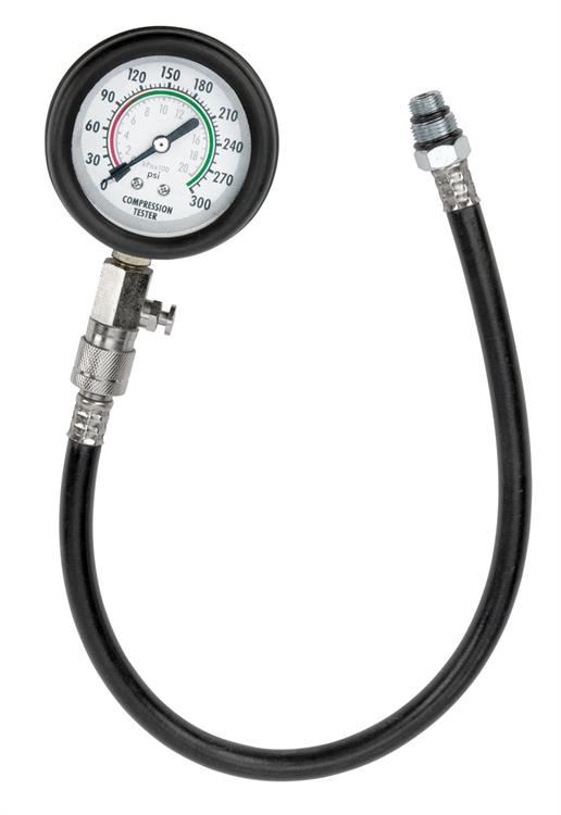 Compression Tester, 0-300 psi, 11 in. Hose Length, 14/18mm Spark Plug Adapters